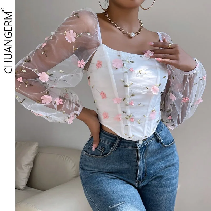 

CHAUNGERM Sexy Embroidery Long Sleeve Slim Corset Tops For Women Hollow Mesh Sheer Backless Puff Sleeve Fishbone Skinny Crop Top