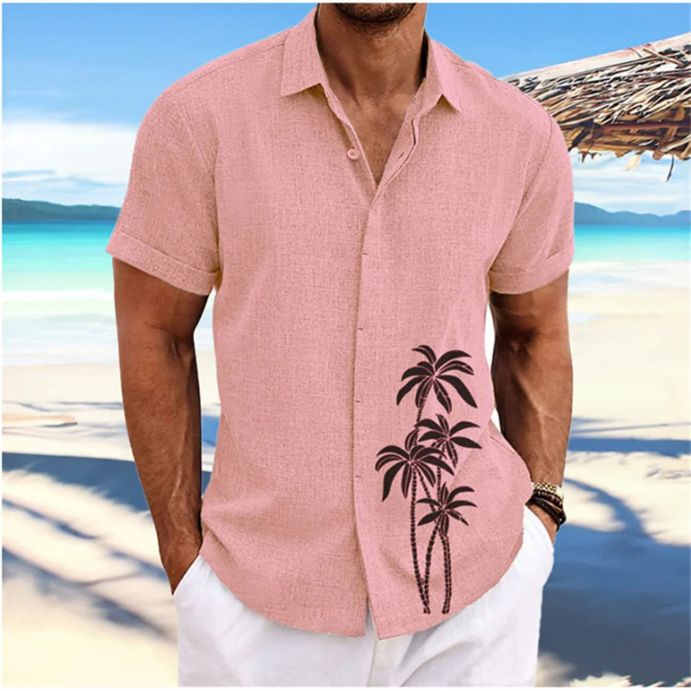 2023 Summer Solid Color hommes chemise à manches courtes coco Tree imprimé revers bouton manches courtes vêtements haut de mode