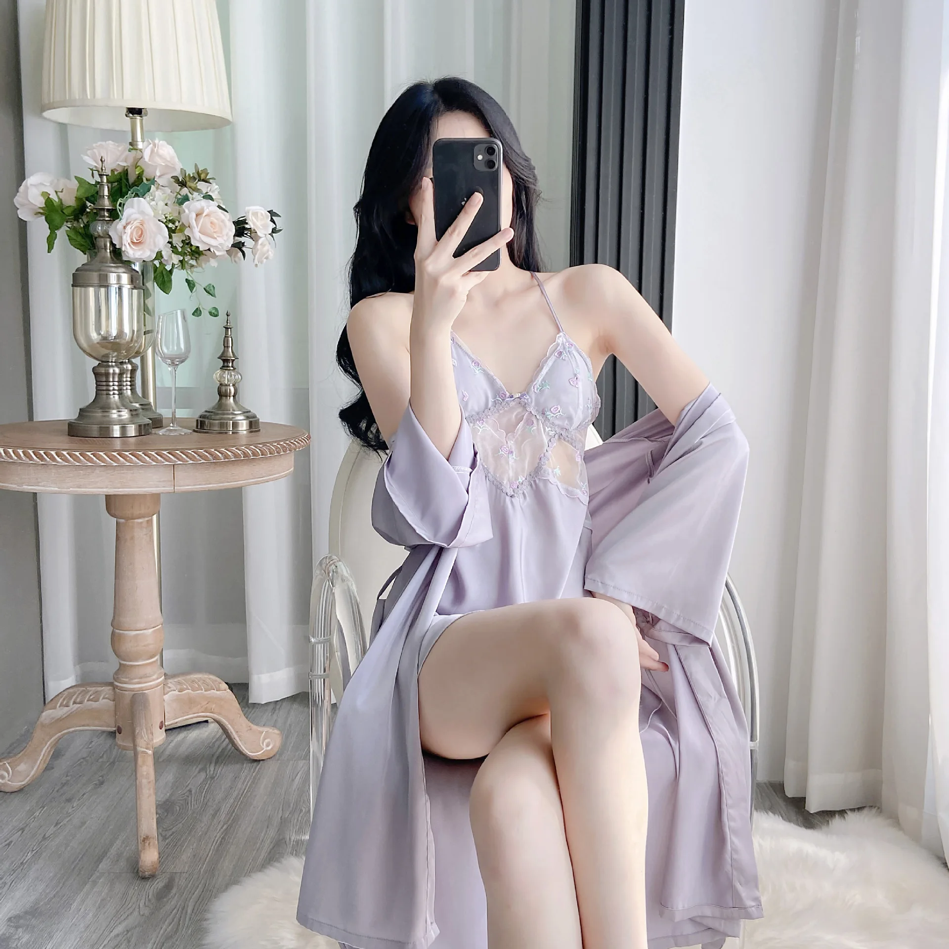 

2025 Summer New Robe Set Sleepwear Women Satin Kimono Gown Sexy Lace Trim Sling Nightdress Baggy Lingerie Nightgown Loungewear