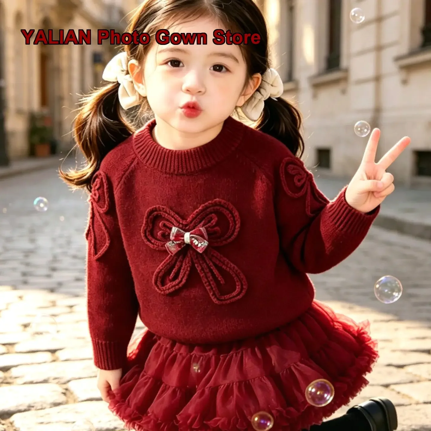Kids Two-Piece Set with Bow Round Neck Pullover Sweater Festive Two-Piece Outfit for Baby Girls