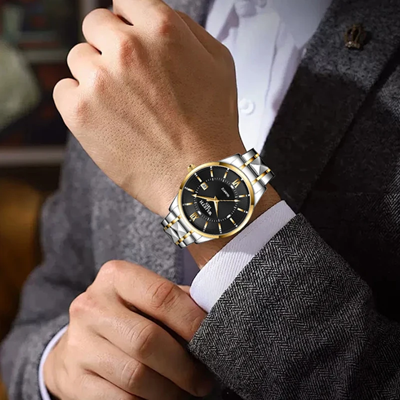 男性用腕時計防水カレンダークォーツ時計ステンレス鋼メンズ腕時計高級時計ファッションビジネスマン腕時計ギフトリロイ