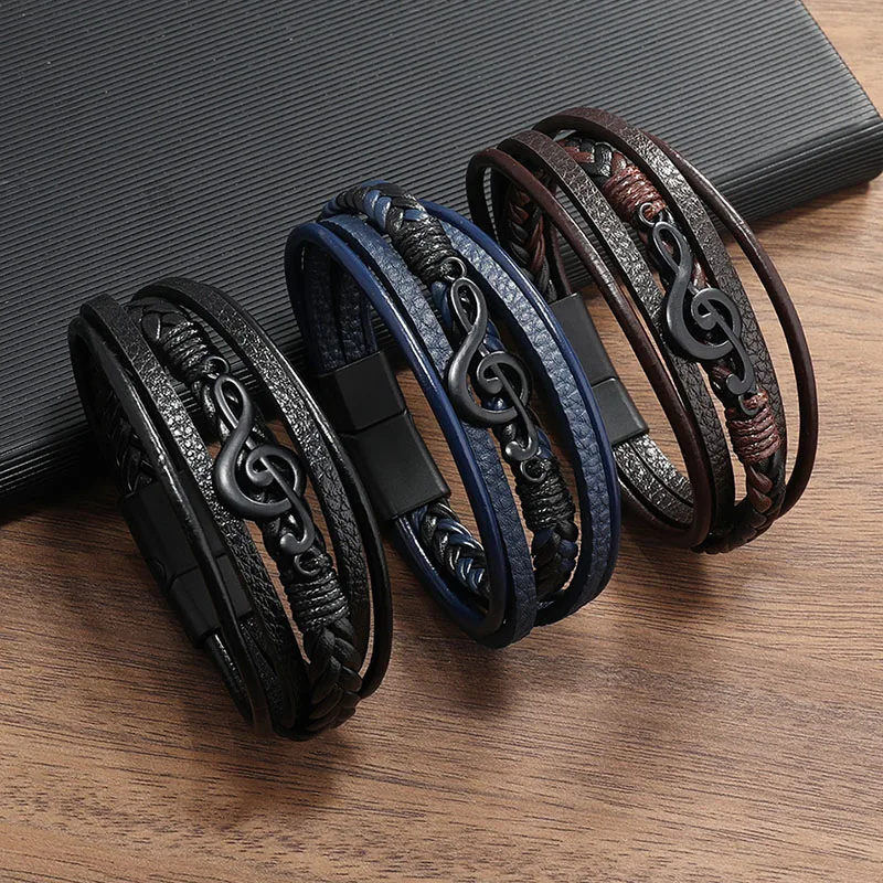 Music Symbol Charm Bracelets for Men Women Multilayer Leather Bracelet Bangle Hiphop Rock Leather Wristband with Magnetic Clasp