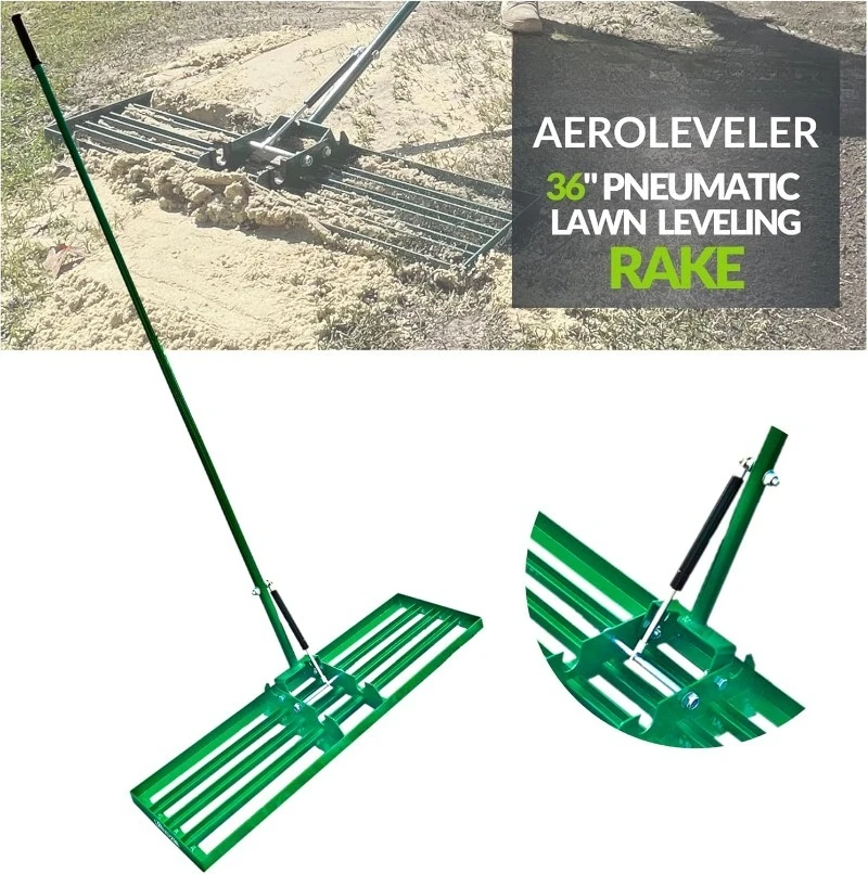 

Lawn Leveling Rake - Patented 36 inch Wide Pneumatic Lawn Leveler Leveling Rake - Provides Stability and Con