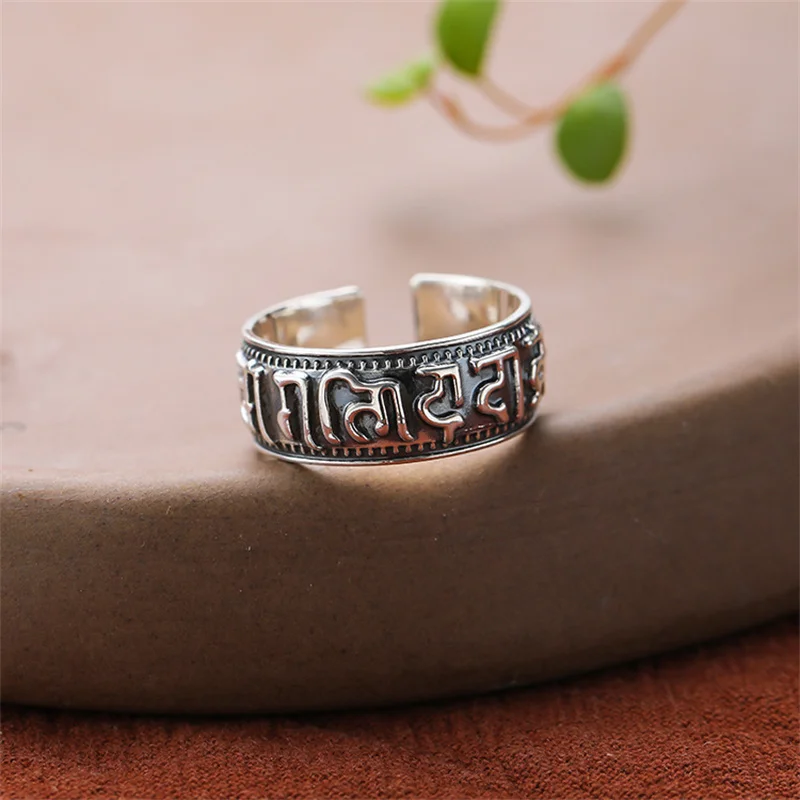 

S999 Footsilver Retro Six-Character Veritable Vajra Pestle Personality Men's Sterling Silver Adjustable Ring Wholesale