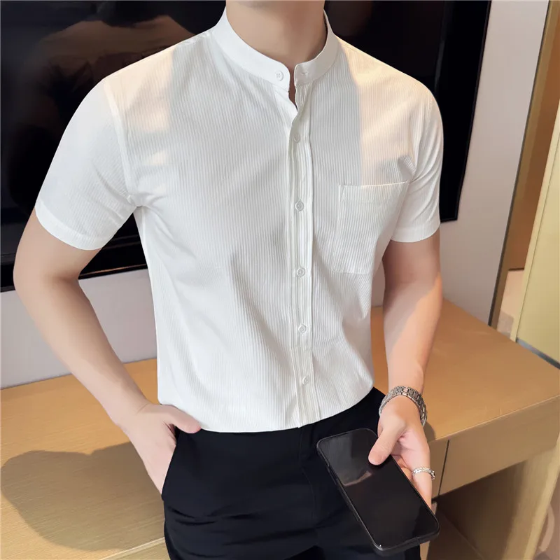 

Summer 100% Cotton Stand Up Collar Striped Shirt Men's Casual Pocket Decoration Short Sleeved Shirt Business Social Dress Shirt