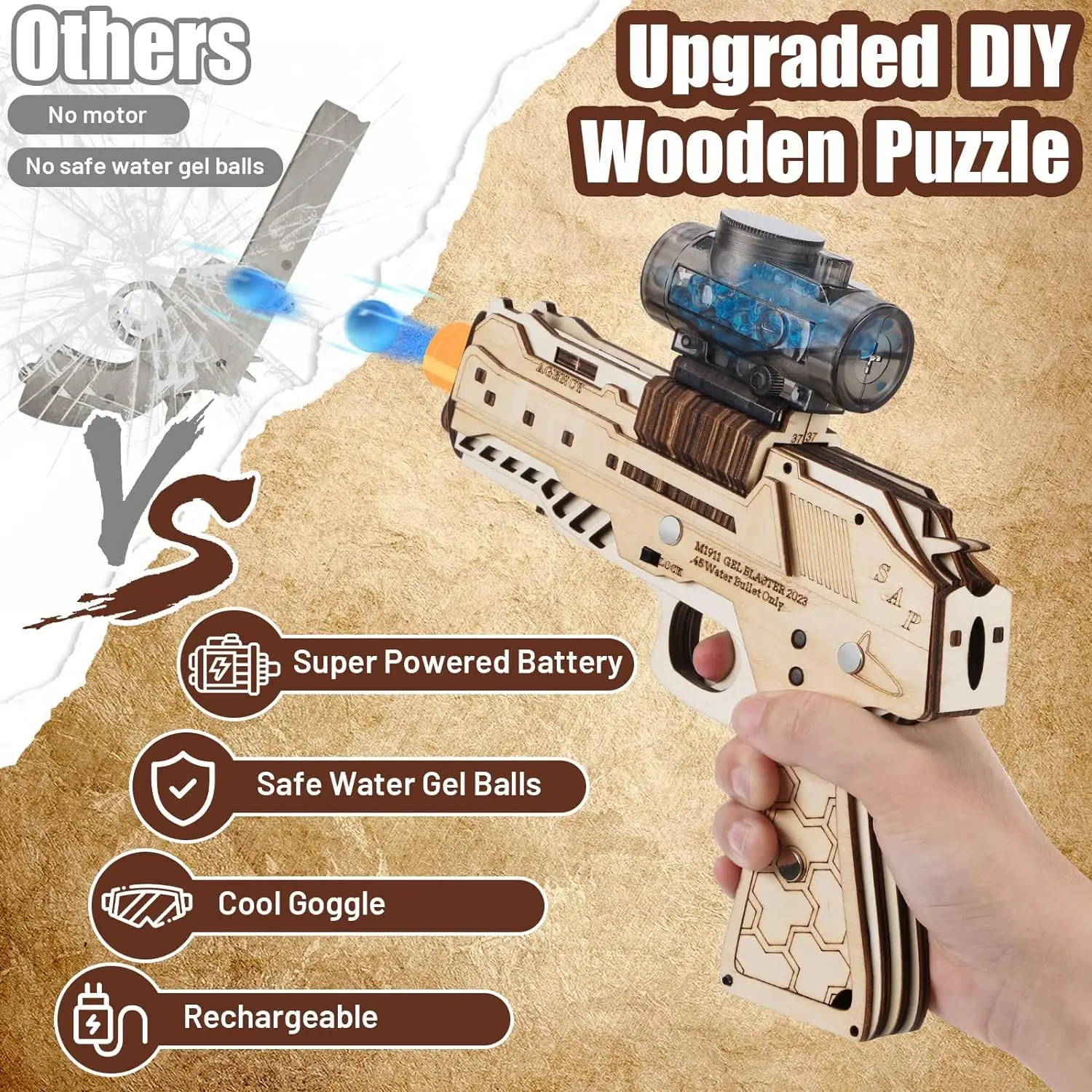 Puzzle 3d dla dorosłych elektryczne DIY pistolet drewniany pistolet zabawki, akumulator drewniany pistolet Model zestawy do budowania, prezenty świąteczne dla dzieci