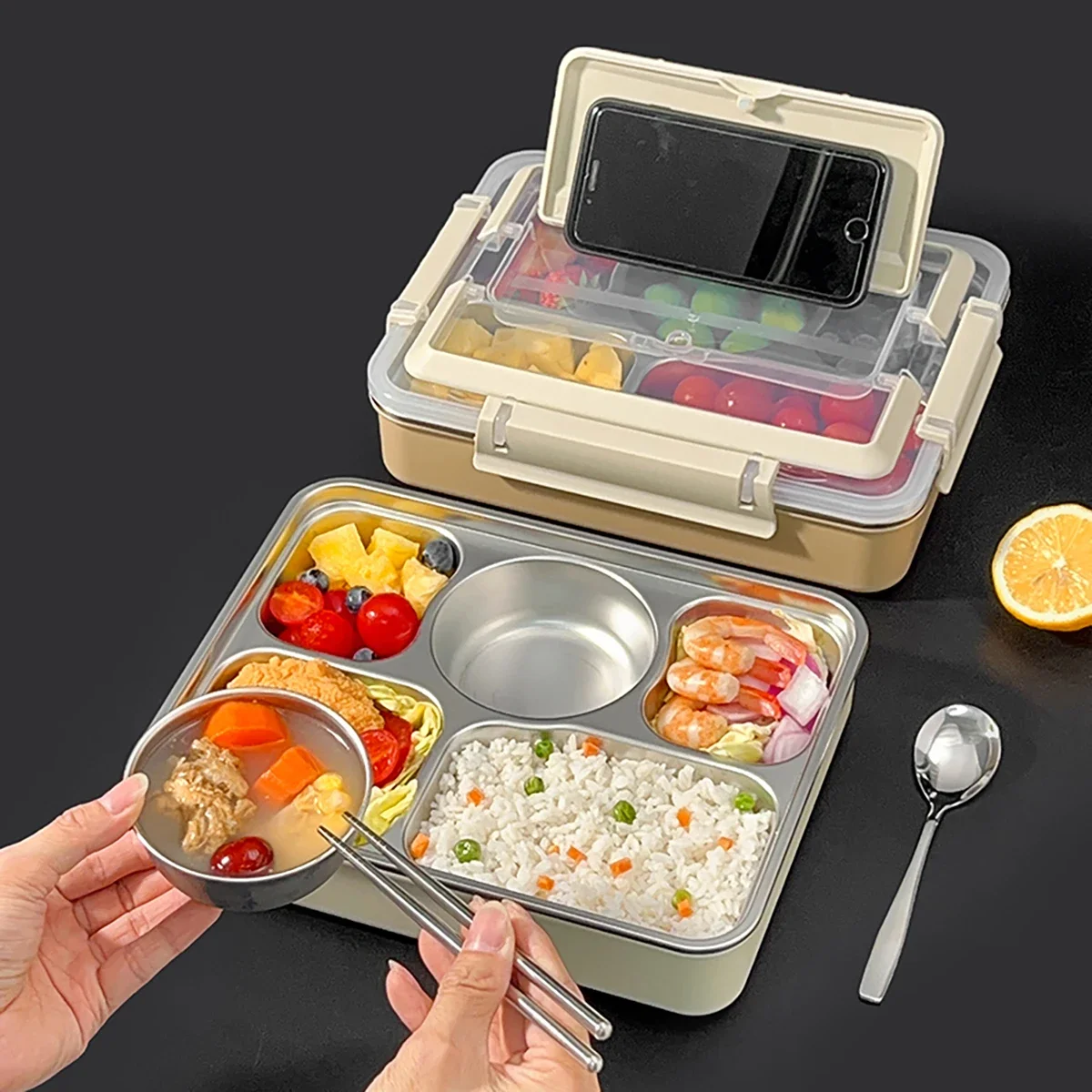 

WORTHBUY 304 Stainless Steel Divided Lunch Box Set Portable Large Capacity Leak Proof Bento Box With Cutlery&Soup Bowl Microwave