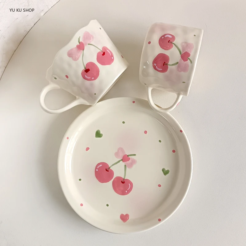 

Pink Cherry Ceramic Mug Handle Latte Art Coffee Cup Plate Home Decoration Kitchen Living Room Bedroom Drinking Cup Gift Giving