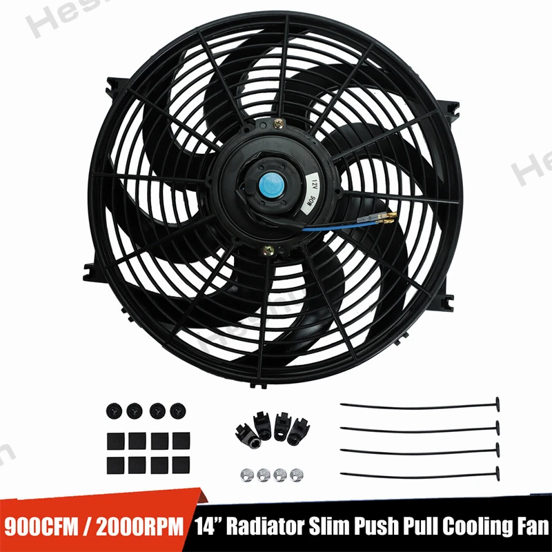 

14" Inch Universal Slim Fan Push Pull Electric Radiator Cooling Fan 12V 80W Mount Kit 2400 RPM Black High Performance Fans