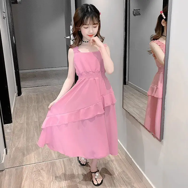 Teenager-Mädchen Sommerkleider 2026 Neu Kinder Lässiges Einfarbiges Ärmelloses Trägerkleid mit Taillengürtel Kinder Urlaubsstil Prinzessinnenkleid – Detail 7