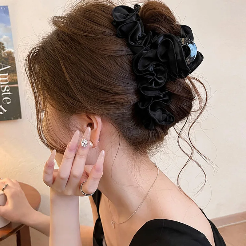 

Summer Gentle Satin Fabric Pleated Lace Hair Claw Fashion Shark Clip Elegant Advanced Hair Accessories