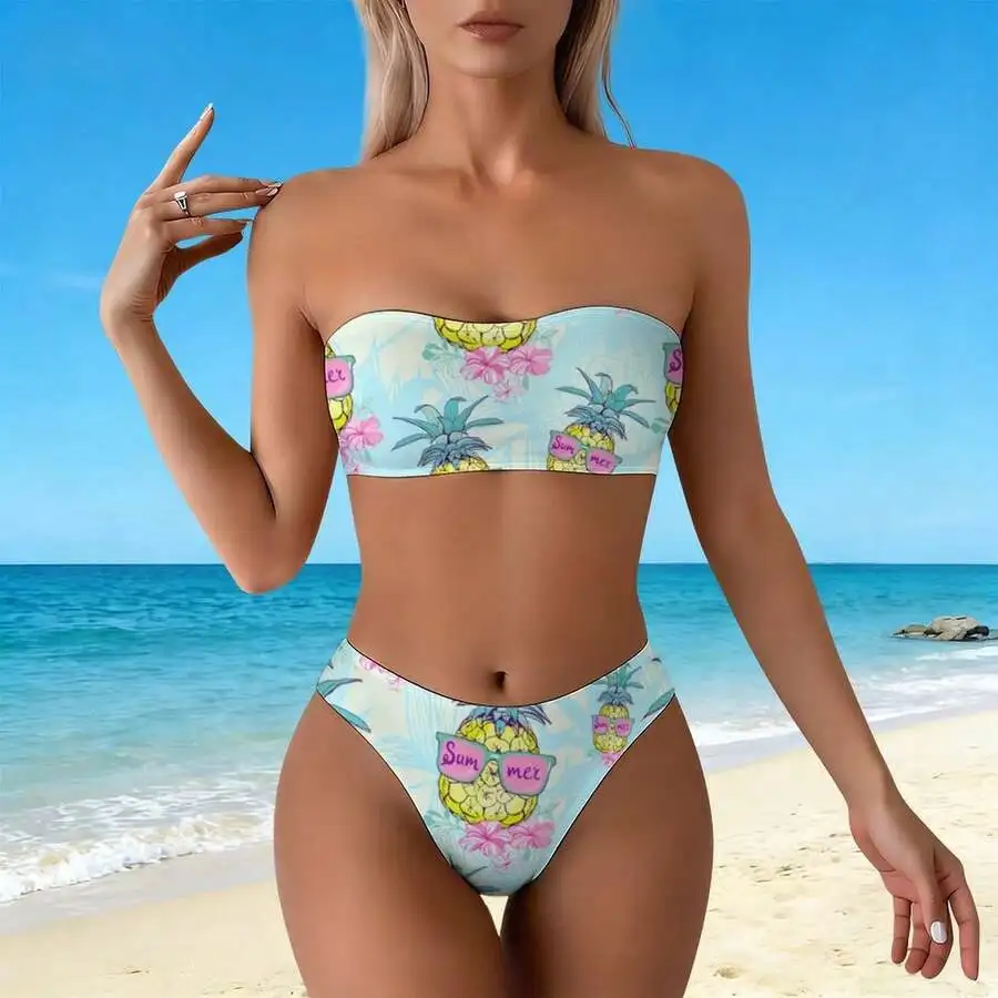 

Strapless Pineapple Floral Bikini Set High Waist Summer Beachwear