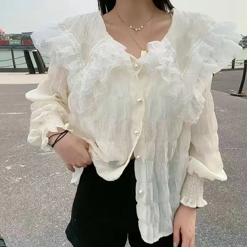 European Station 2024 Autumn New Lace Shawl Pleated Design Sweet Flare Sleeves Slimming Shirt for Women