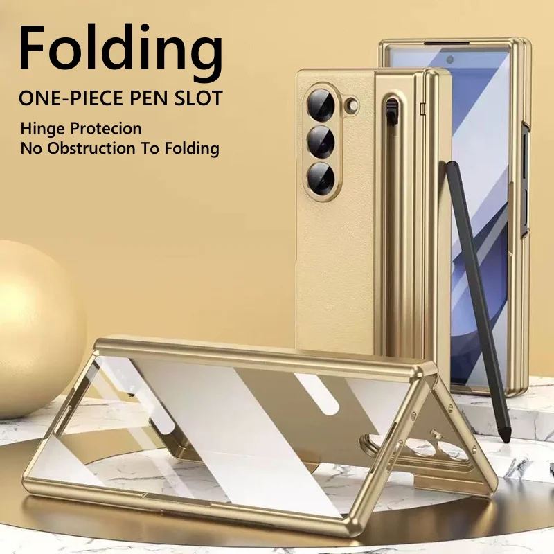 

Кожаный чехол с сенсорной ручкой для Samsung Galaxy Z Fold 7, 6, 5, 4, 3, 5G, защита шарнира и встроенная защитная пленка для экрана, противоударный чехол