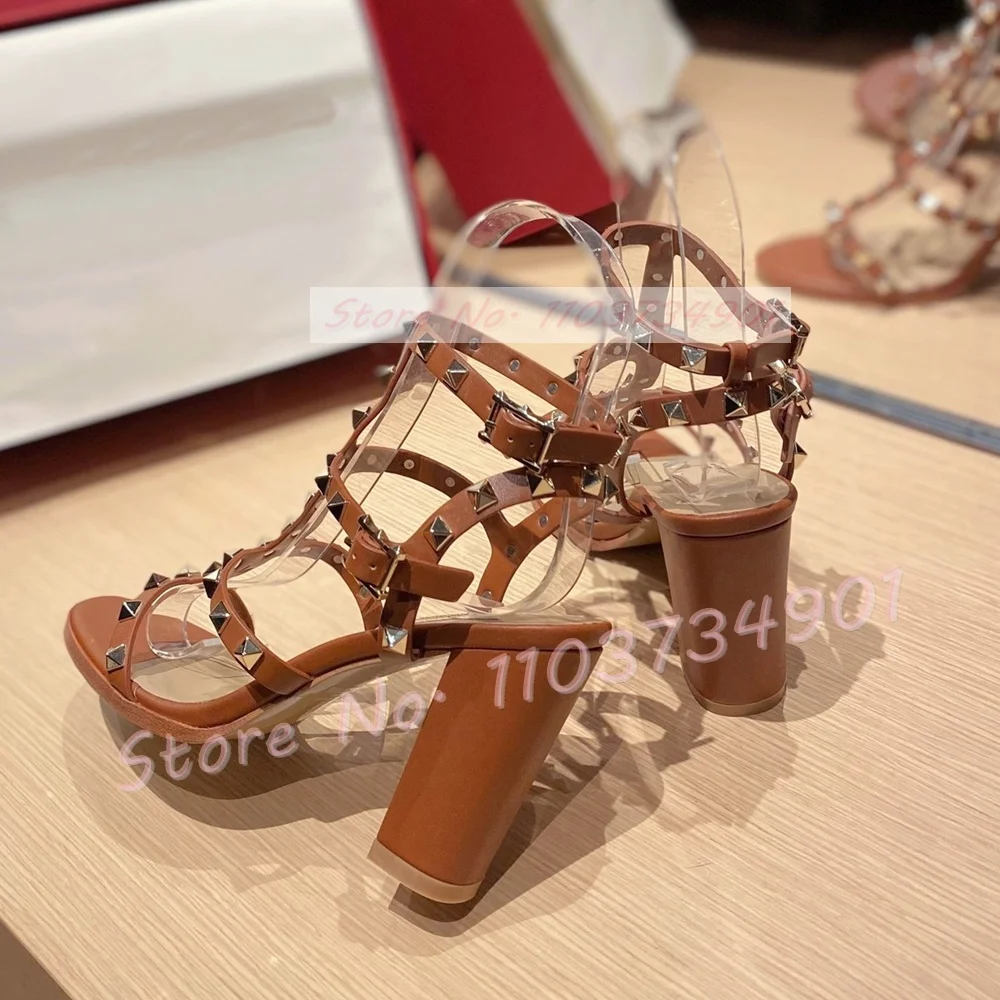 Rivet Blue Ankle Strap Block High Heels Sandals Female Fashion Sexy Round Toe Mid Heels Shoes Lady Party Elegant Luxury Sandals