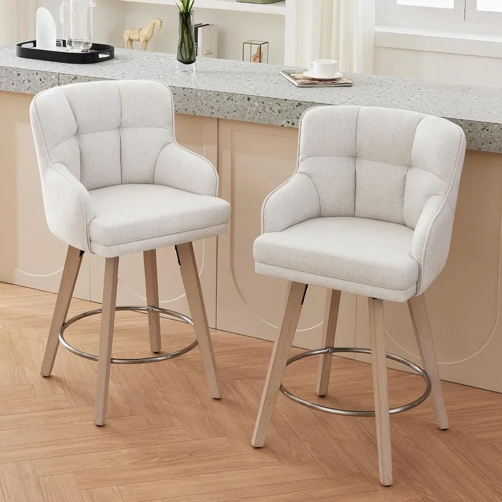 360 ° مقاعد بار بارتفاع دوار مع ظهر، أرجل خشبية صلبة مقاس 26 بوصة، مقعد بار كراسي جزيرة المطبخ الحديثة، قماش #1