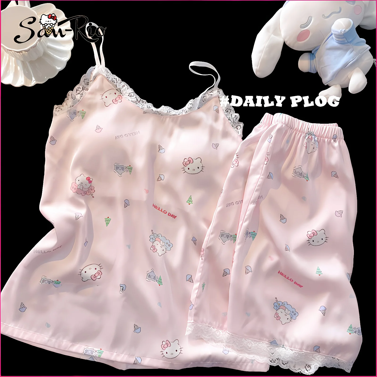 

Hello Kitty Women's Sexy Lace Suspender Pajama Shorts Set Casual Women Sleeveless Sexy Pajama Sets Women's V-Neck Sleep Homewear