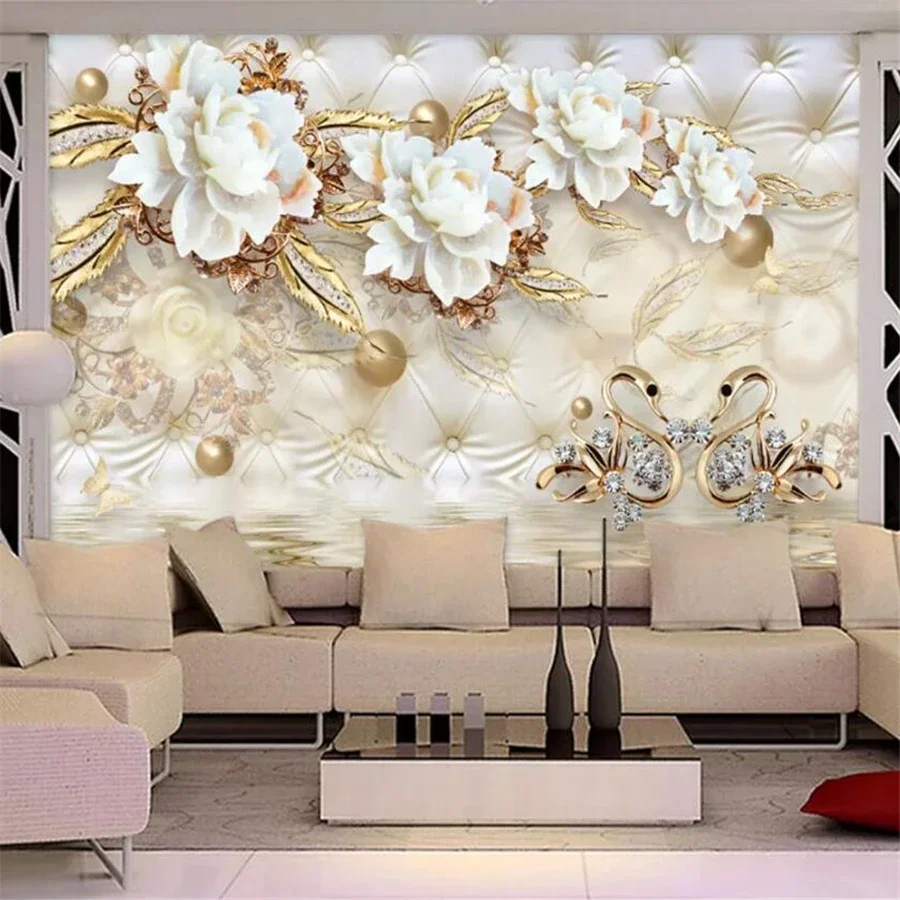 Custom wallpaper fashion 3d photo mural luxury golden white flowers soft pack ball jewelry wall paper square jade carving rose