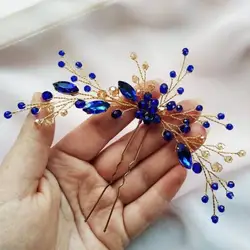 Luxury Blue Flower Hair Combs Hair Vine Headdress Bridal Wedding Hair Accessories Rhinestone Hair Jewelry Hair Pins