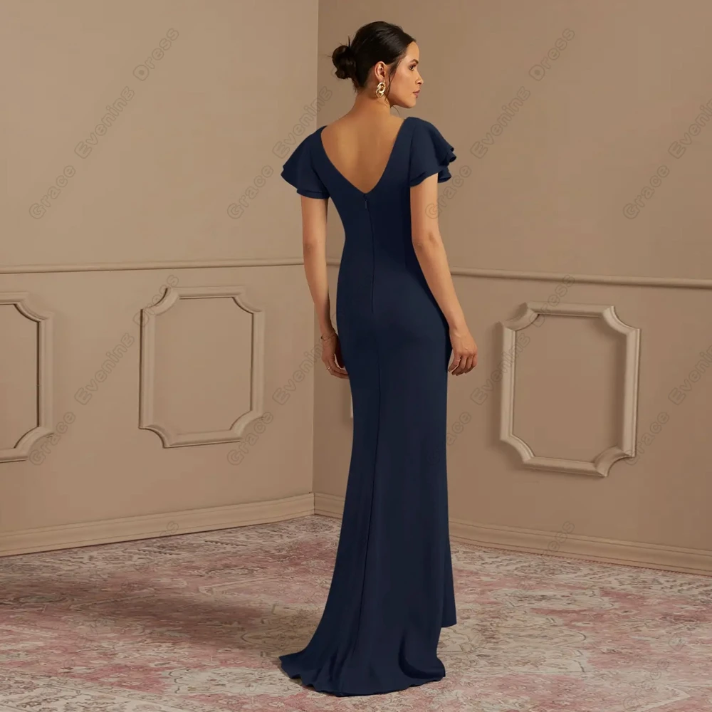 Vestido colher com chiffon plissado feminino, manga curta, vestido de festa de casamento, mãe da noiva, azul marinho, 2024