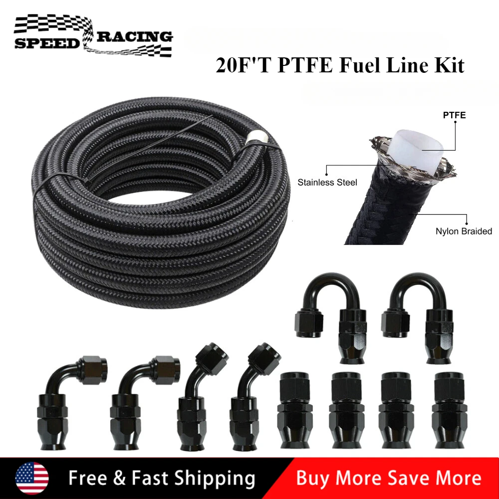 

AN8 Black PTFE 20ft Fuel Line 10pcs Fittings Hose Kit E85 Most Suitable for Racing Cars & Motor Racing Bikes