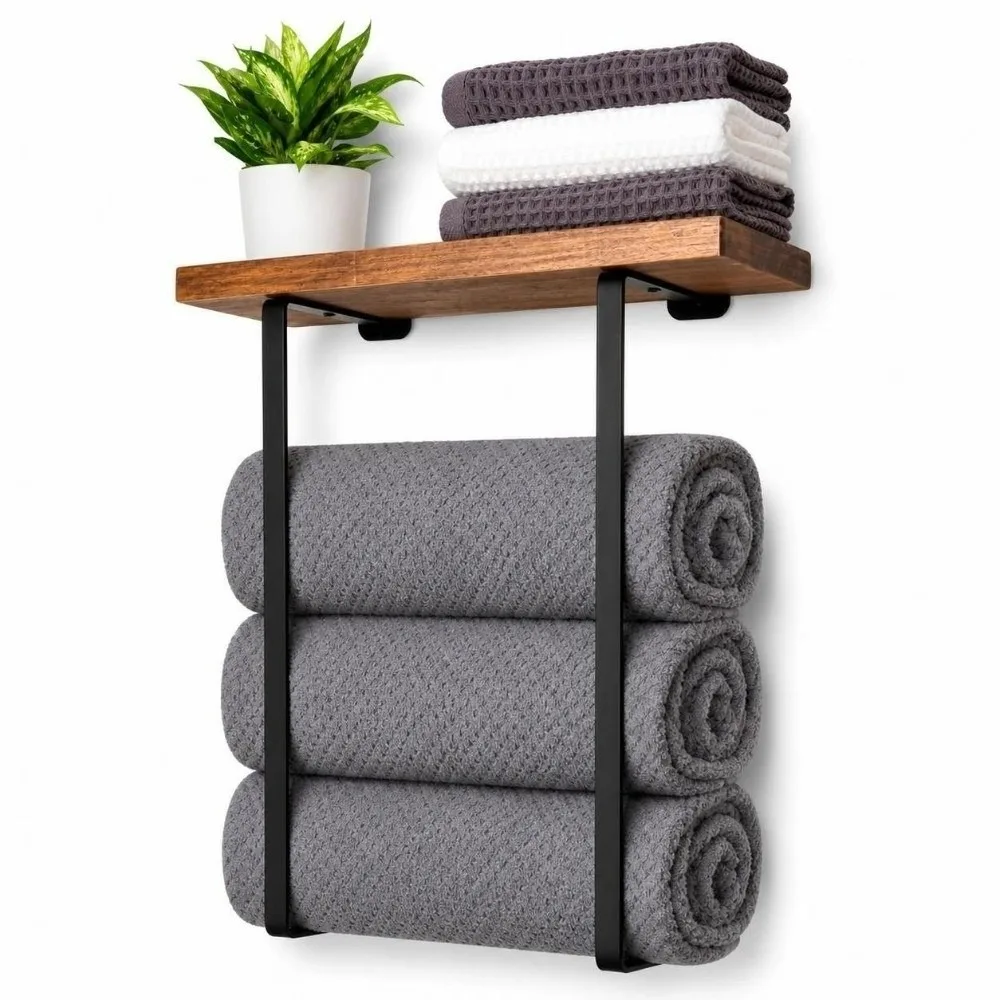 Wall Mounted Double Pole Towel Rack Bathroom Storage Space-Saving Bathroom Storage Rack Metal Wooden Top Towel Rack