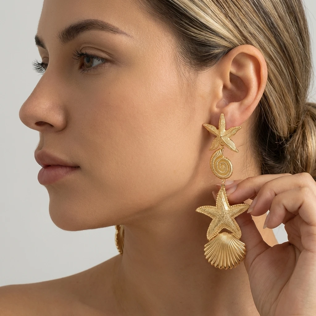 Retro Exaggerated Metal Shell Starfish Tassel Long Earrings for Women Bohemia Ocean Conch Drop Earrings Summer Beach Jewelry