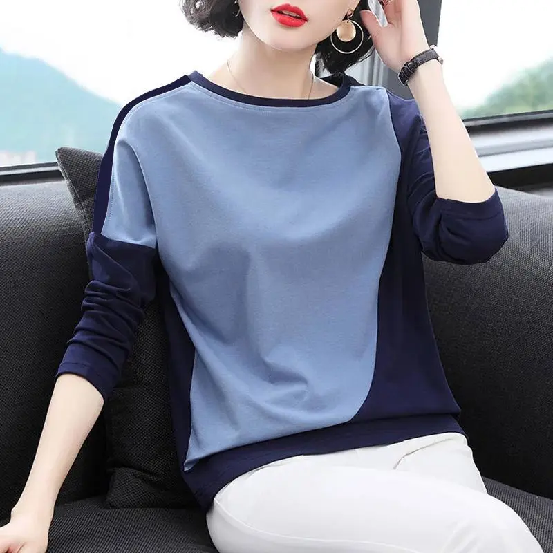 Office Lady Fashion Patchwork O-neck Skinny Long Sleeved T-shirts Spring Autumn Asymmetrical Top Popularity Women\'s Clothing