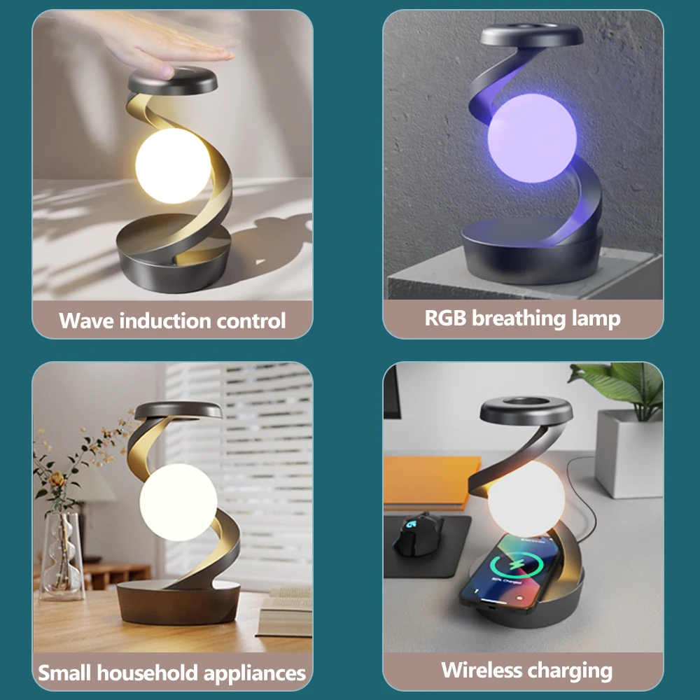 Wireless Charging Rotating Suspension Night Light Hand-waving Control RGB Atmosphere Table Lamp For Bedroom Office Decor