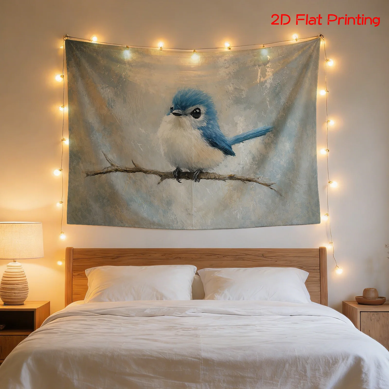 Large Boho Blue Bird Tapestry Wall Hanging Art Decor Print for Nursery Room Bohemian Forest Farmhouse Style Wall Screen