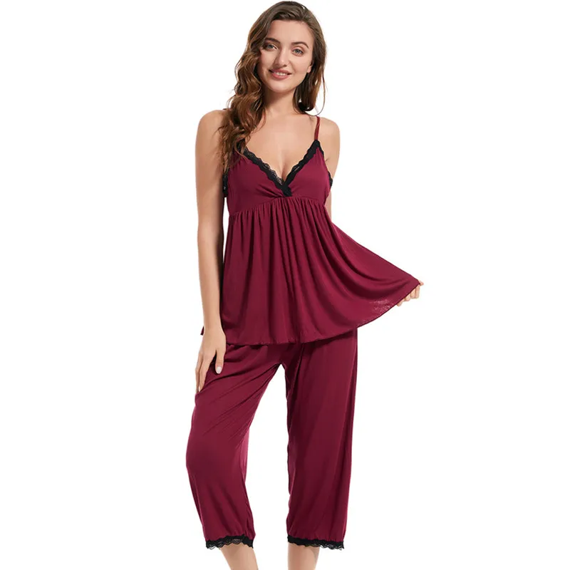 Solid Color Modal Women's Home Clothing Lace Suspender Shirt Capri Pants Pajamas Set Thin Sleepwear Pyjamas Female Night Suit