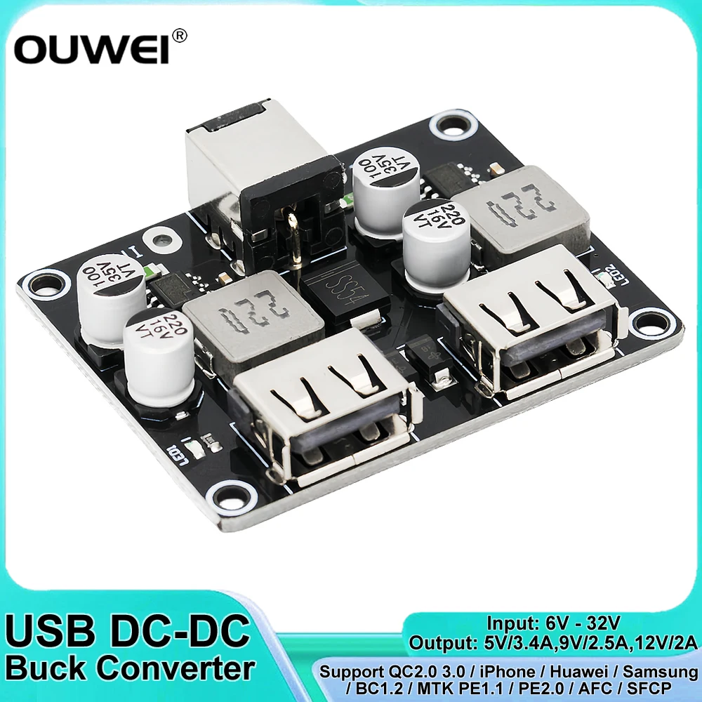 USB QC3.0 QC2.0 DC-DC Buck Converter Charging 2-Channel Step Down Module 6-32V 9V 12V 24V to Fast Quick Charger Circuit Board 5V