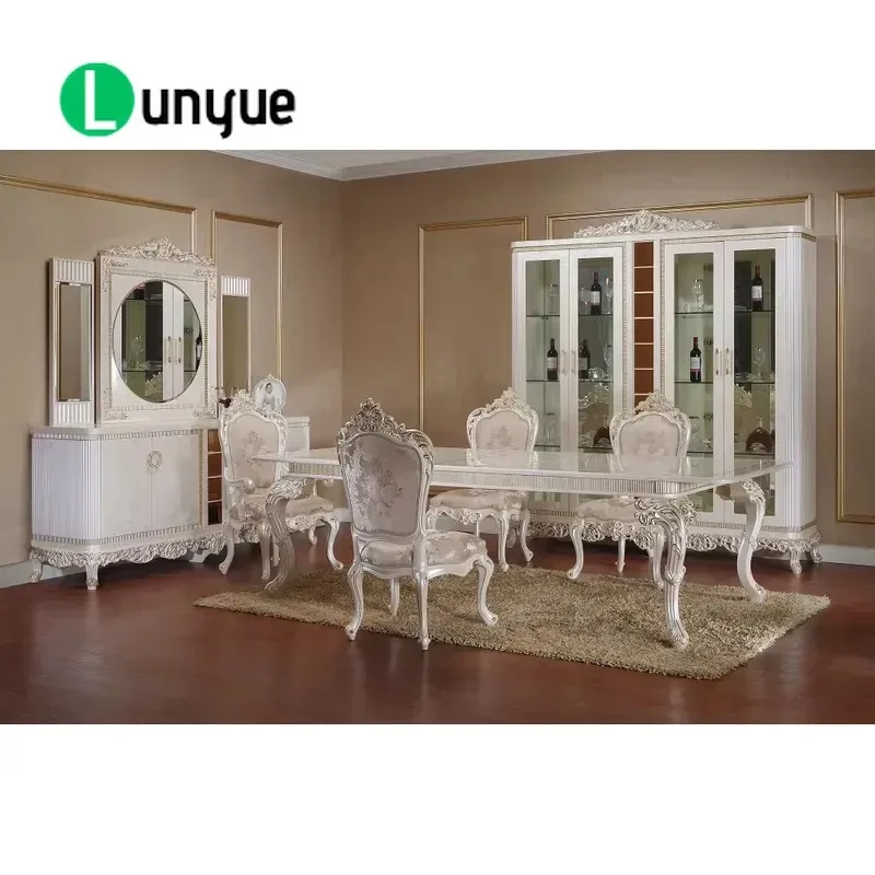 Solid Wood European Classic Extended Dining Table and Chair Set 6 Pieces Upholstered in Fabric Hand Carved Solid Beech Frame