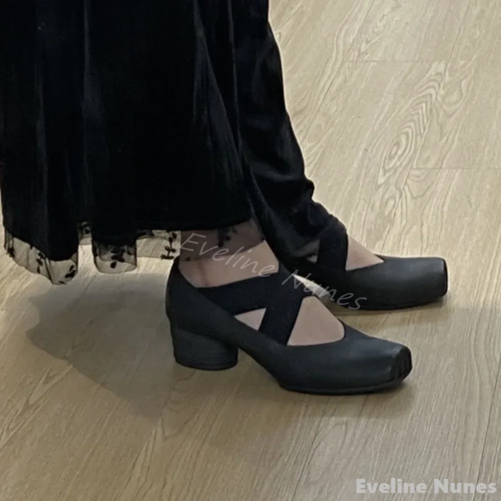 

Vintage Sheepskin Ballet Pumps Women Square Toe Hollow Chunky Heels Cross Strap Pumps Fashion French Elegance Mary Jane Shoes