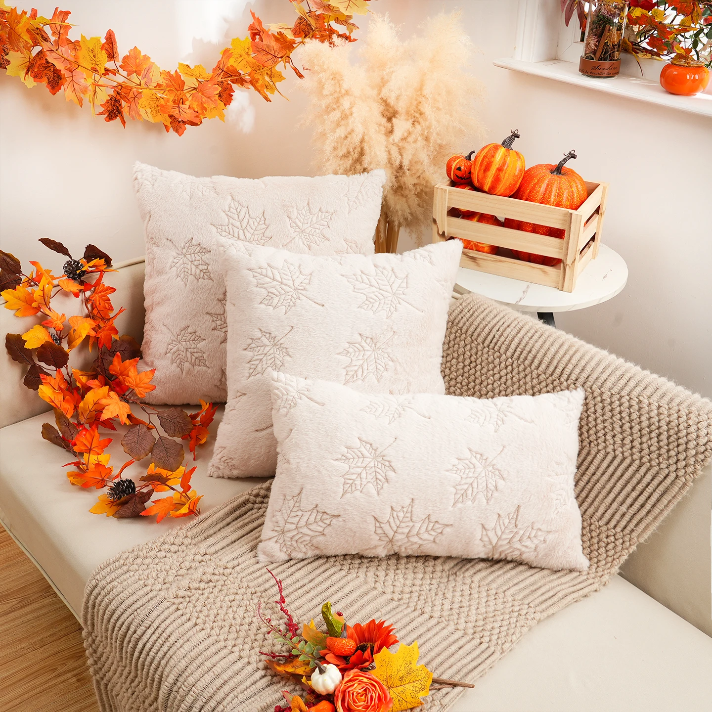 1pc 3D Embroidered Beige Faux Rabbit Hair Maple Leaf Pillow Cover, No Insert, Thanksgiving & Harvest Festival Theme, All-Season