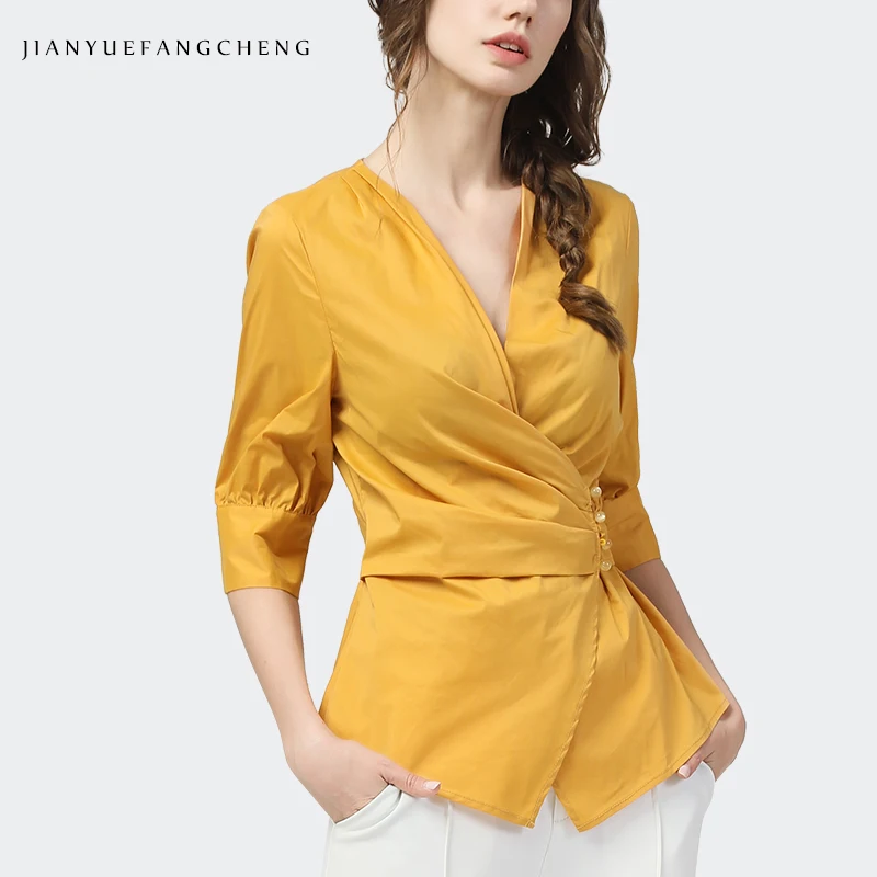 

2022 Spring Summer Women Yellow Cotton Shirt Crossed V-Neck Three Quarter Sleeve Single-breasted Tops Office Ladies Blouses