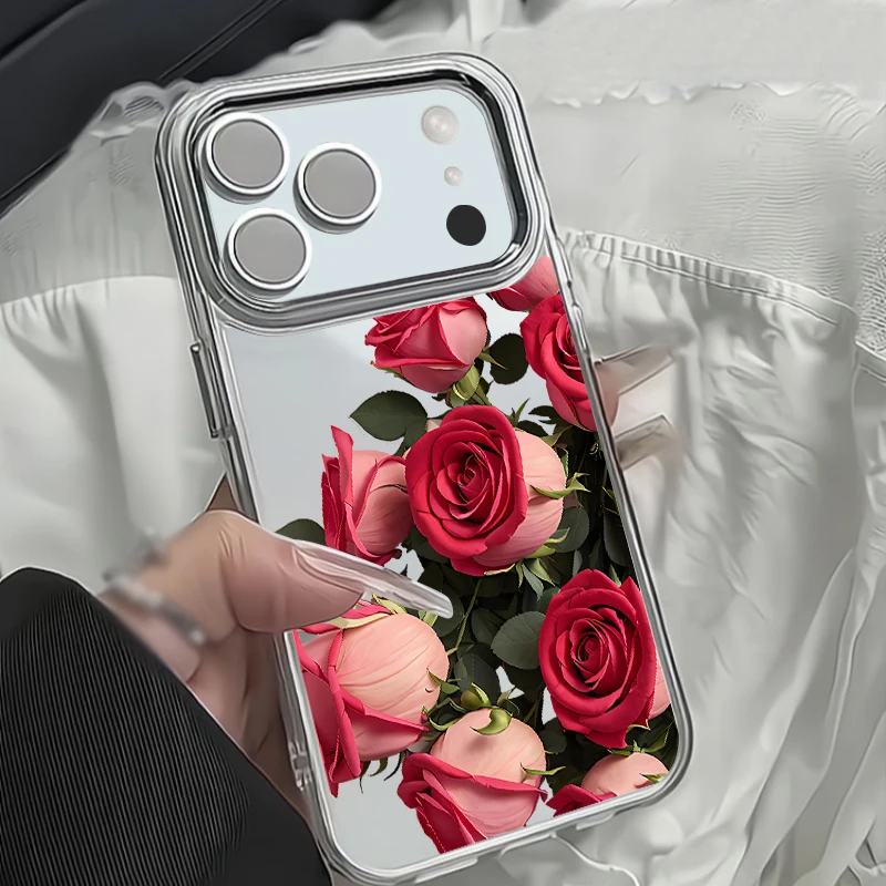 Rote Rose Blumen Muster Handyhülle für iPhone 17, 16, 15, 14, 13, 12 Pro Max 17 Pro Air 11, klare Beschichtung, Linsenrahmen, weiche TPU-Abdeckung