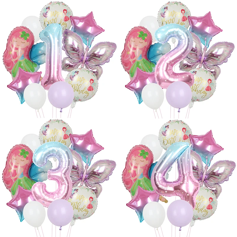 10PCS/1SET 3D Butterfly Balloon Set 40inch Gradient Digit Foil Ball Baby Shower Girl Birthday Wedding Party Decor Supplies