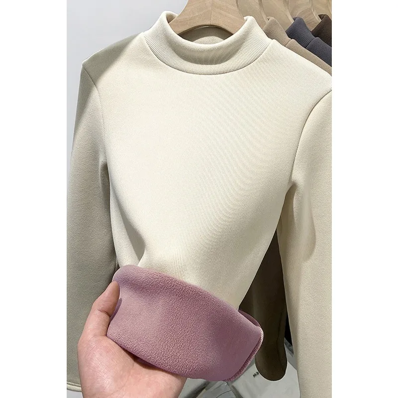 Women's Mock Neck Lamb Fleece Lined Top Autumn Winter Warm Thick Long Sleeve T Shirt Inner Undershirt