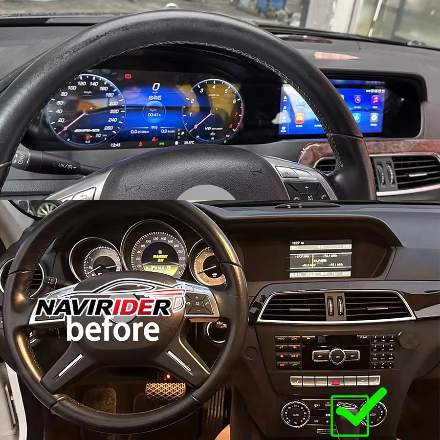 12.3inch Digital Cluster + Car Radio Dual Screen For Mercedes Benz W204 C-Class 2011-2014 Android 15 CarPlay Multimedia 4G WIFI