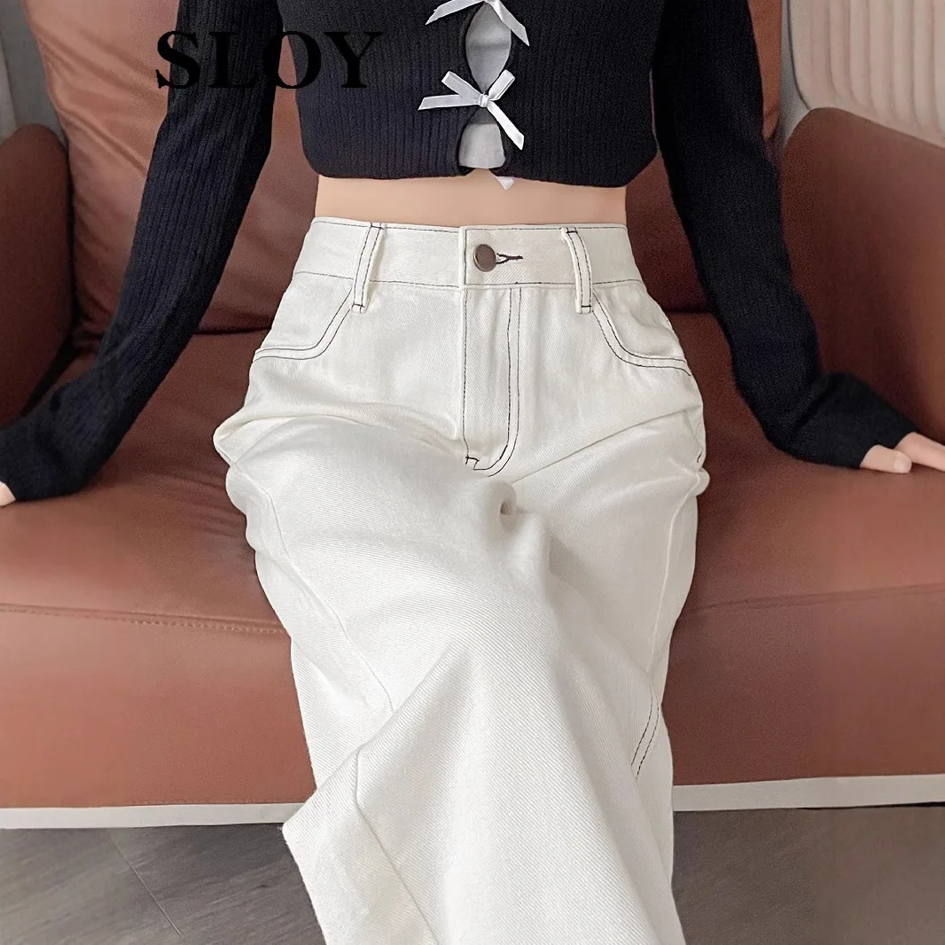 

Ins-style beige wide-leg jeans for women, suitable for early spring,with heavy-duty triple stitching and a loose straight fit