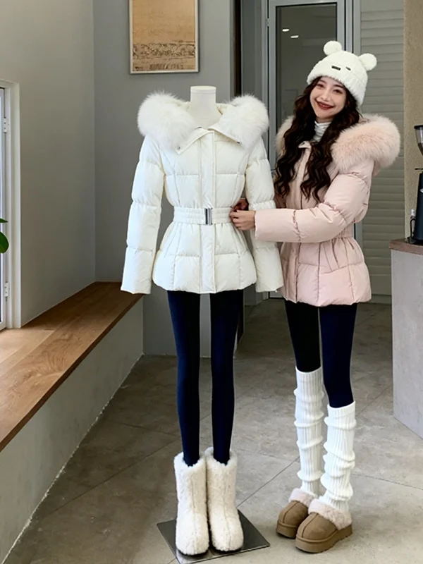 

Ele Thiened Korean Sle Women's Cotton Jaet with Large Fur Collar Waist-Cinching Commute Outerwear for Winter