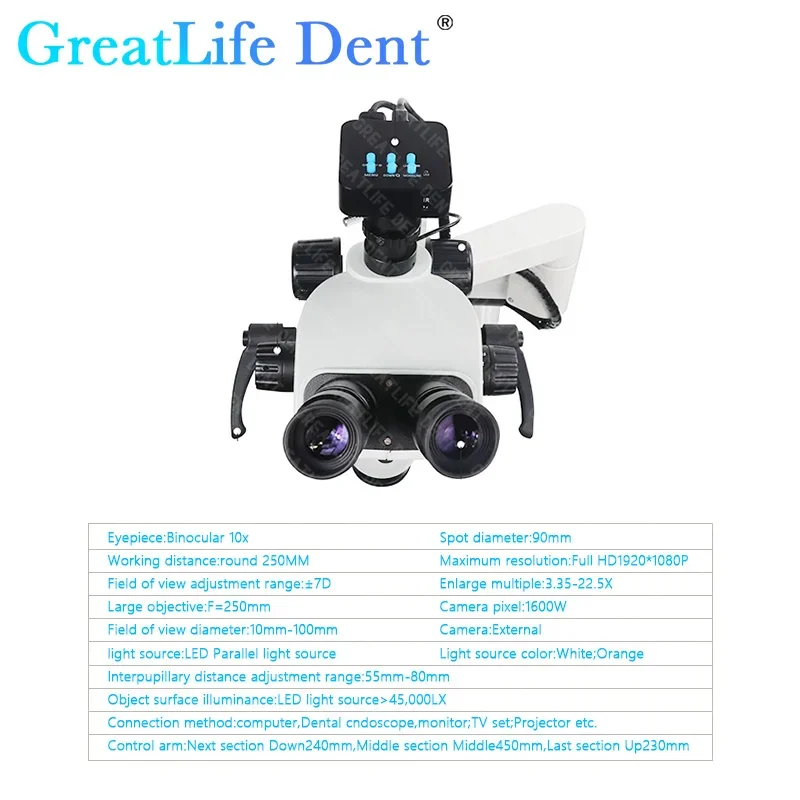 GreatLife Dent 3.35~22.5X Dental Equipment Microscope Root Canal Microscope With Camera Continuous Zoom For Dental Chair 45/51mm