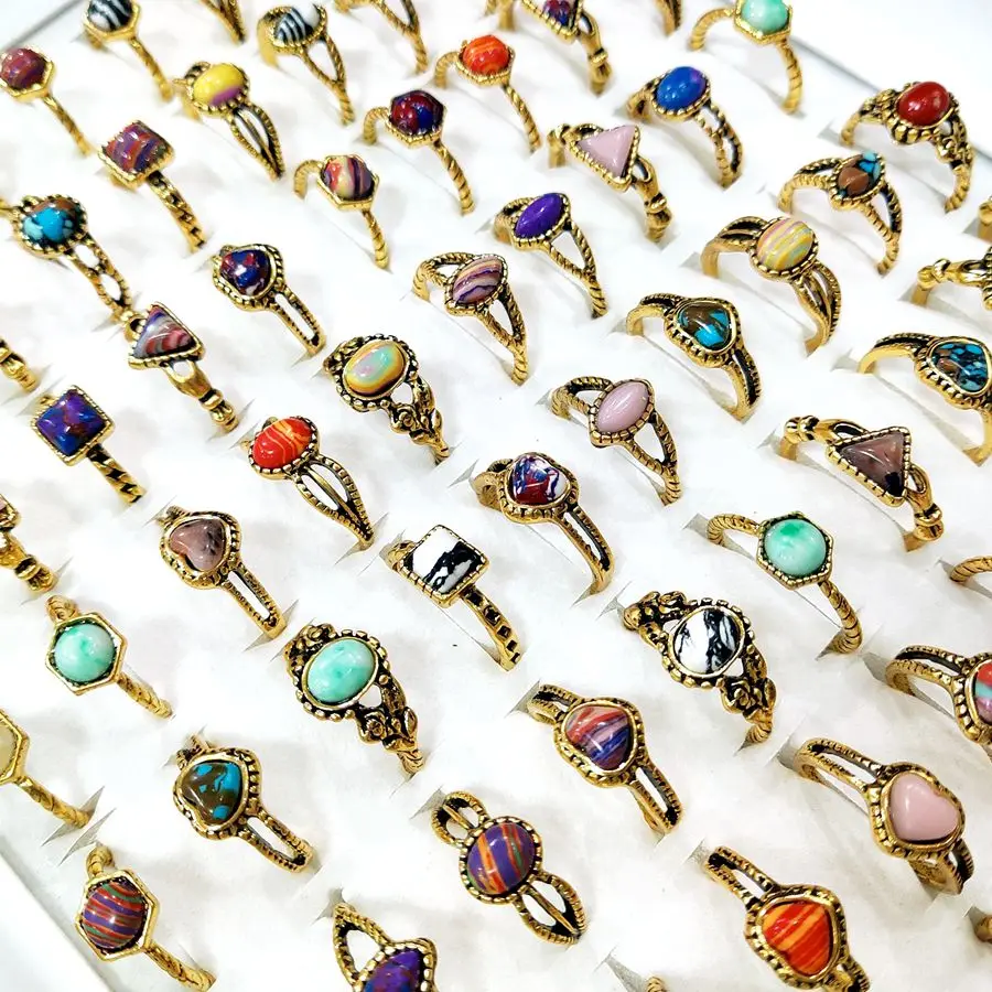 خواتم من الحجر الفيروزي للنساء ، أشكال إبداعية ، عرقية عتيقة ، لون ذهبي ، خاتم عتيق ، مجوهرات عتيقة ، جودة عالية ، 20 مجموعة #3