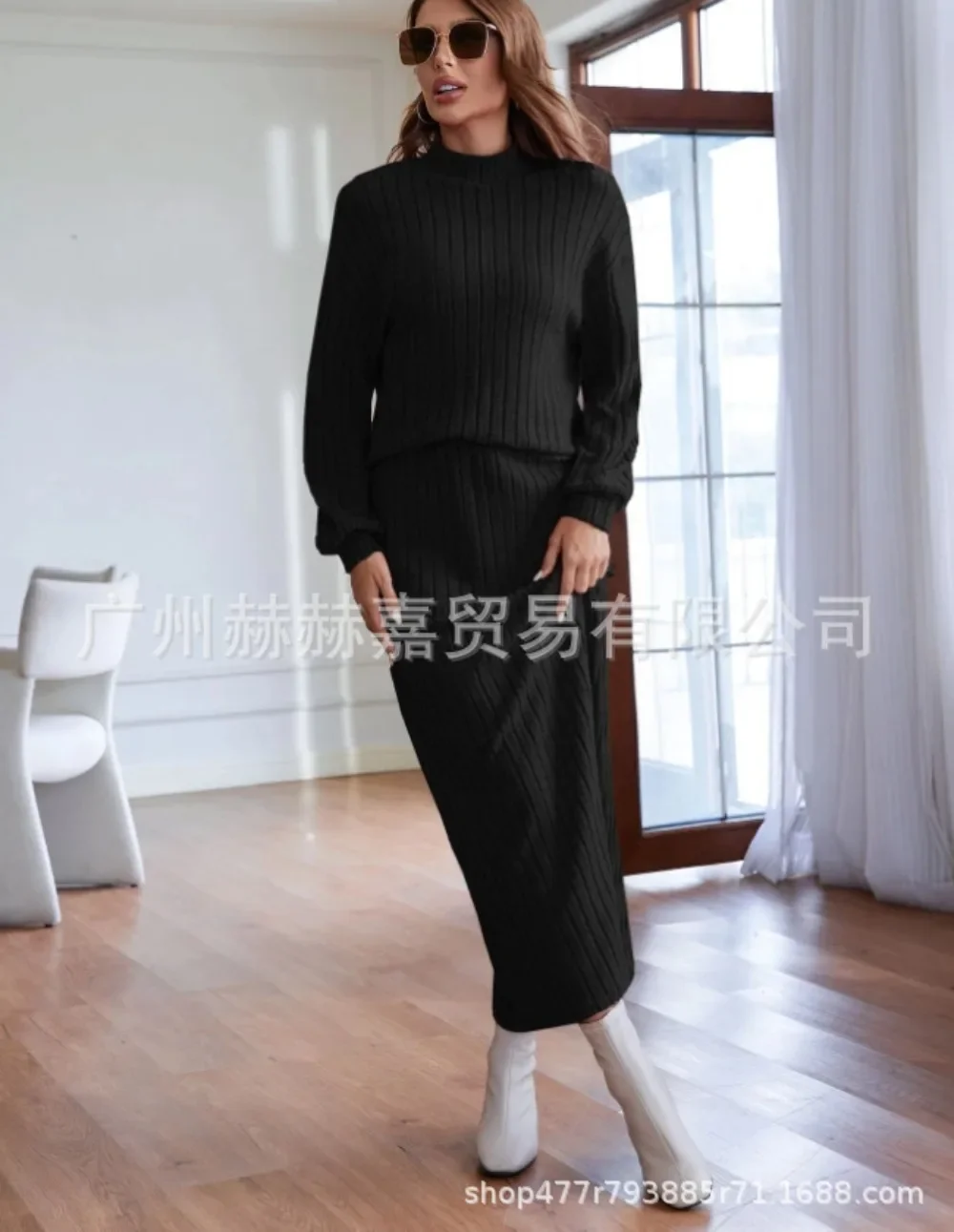 Womens Knitted Suit Autumn and Winter New Fashion Temperament Loose Half High Necked Knitted Sweater Half Skirt Two-piece Set