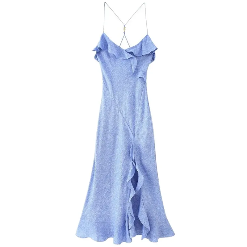 Verão novo design f sensação mistura de linho em camadas vestido de alça viagem cintura alta longo sem mangas com deco...