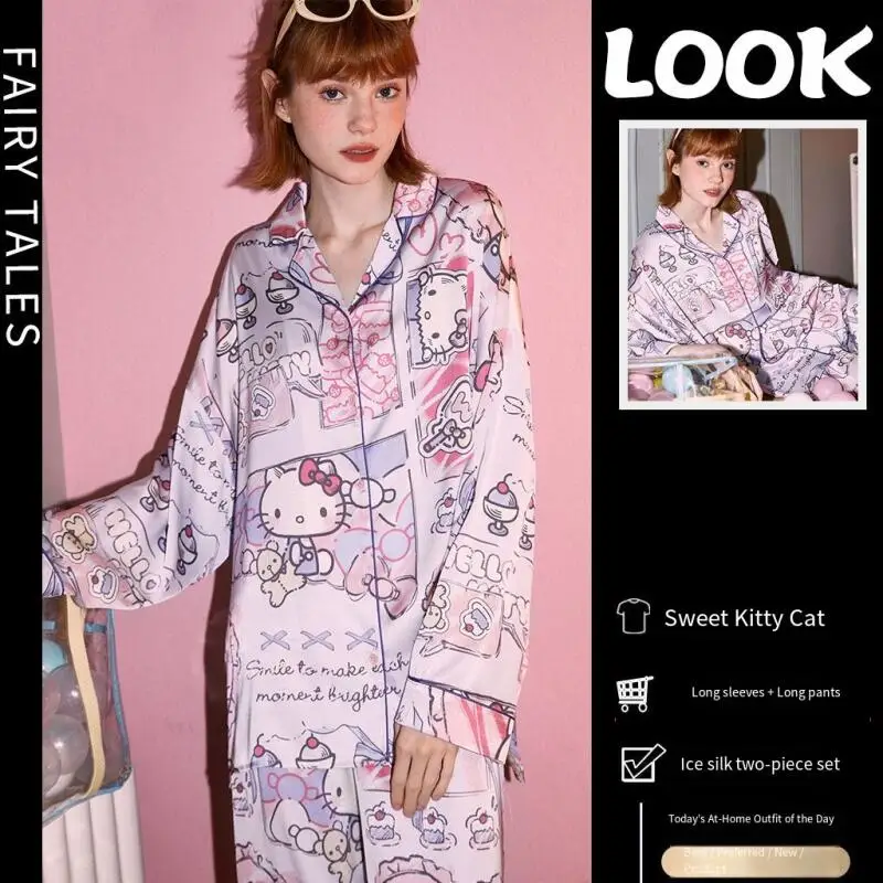 

Sanrio Hello Kitty женские пижамные комплекты для сна Kawaii мультфильм осенние штаны с длинными рукавами одежда для сна ледяной шелк домашняя одежда новинка
