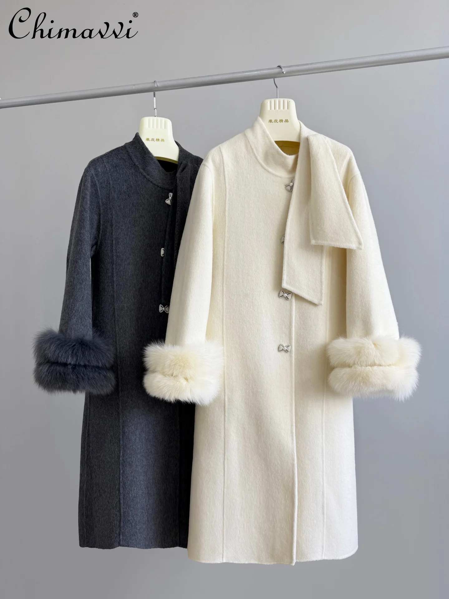 

Korean Style Elegant Socialite Stand Collar Fur Sleeves Bow Single Breasted Versatile Wool Coat for Women Winter Long Jackets