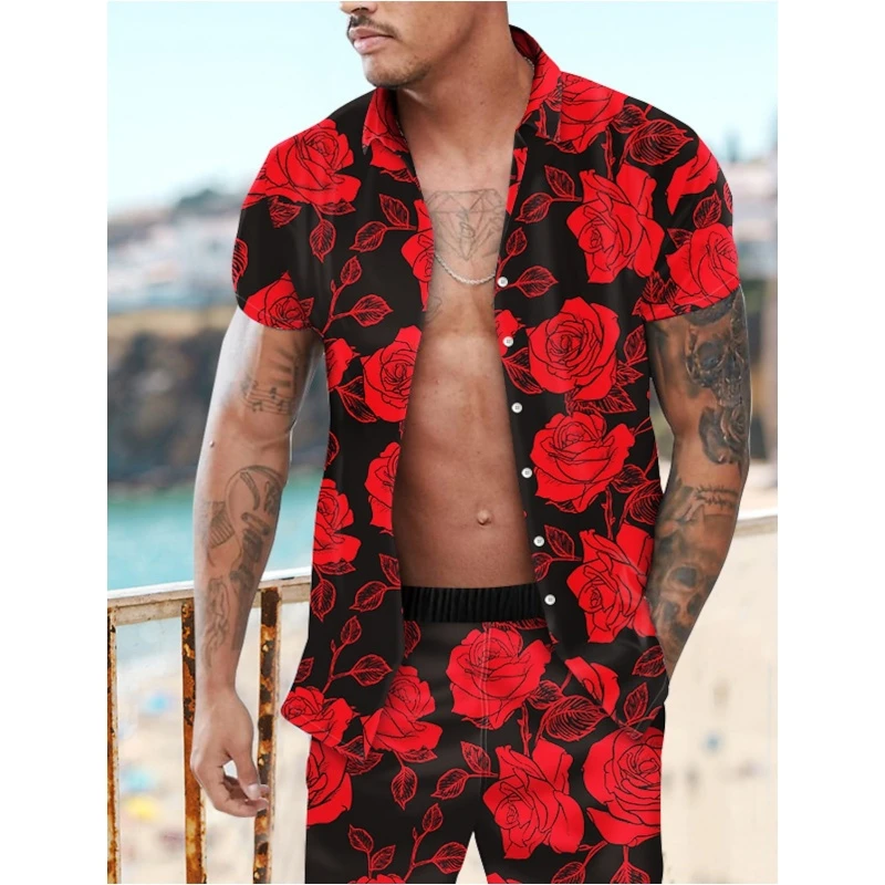 3D Rose Printed Shirts For Men Fashion Trend Streetwear Floral Pattern Lapel Short Sleeve Beach Shirt Casual Oversized Blouse