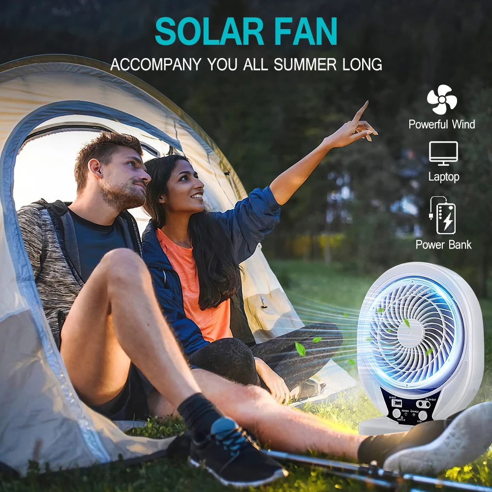 Solar Fan light Solar Powered AC DC Rechargeable Solar Fan with Solar Panel and LED Bulb light for Outdoor  LED Camping Lights